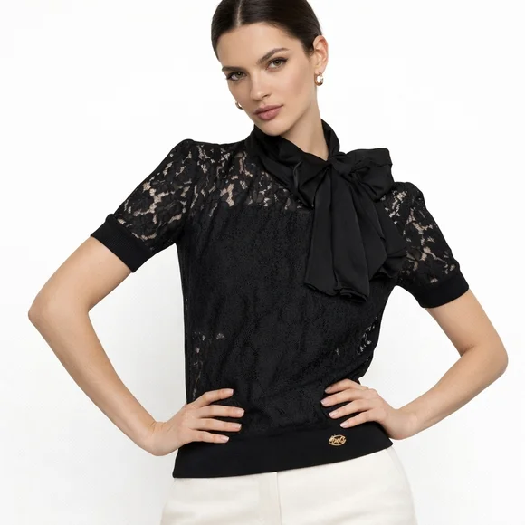 DOLCE & GABBANA Lace Blouse Bow Scarf Collar Tie Neck Black Short Sleeve Crop 44 - Picture 9 of 9